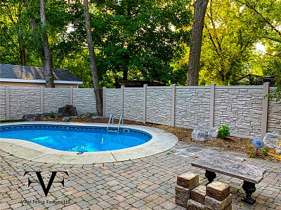 Beige with Tan Frame, Simulated Stone Privacy Fence