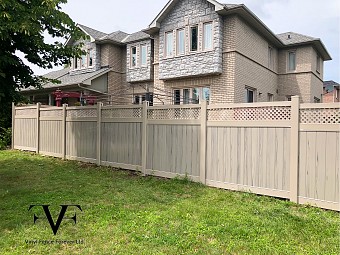 Hazelwood with Tan Frame and Lattice, Privacy Fence